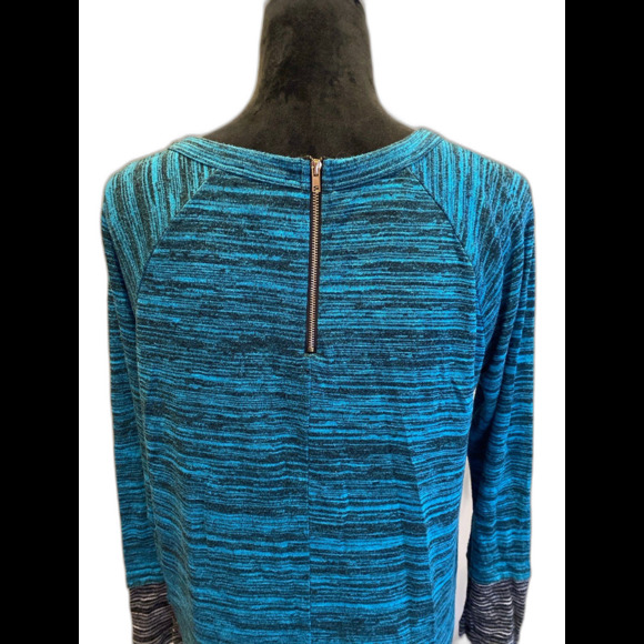 Cupid Blouse Size Large Light Knit + Stretch Turquoise Black Stripes Zipper - Picture 1 of 12